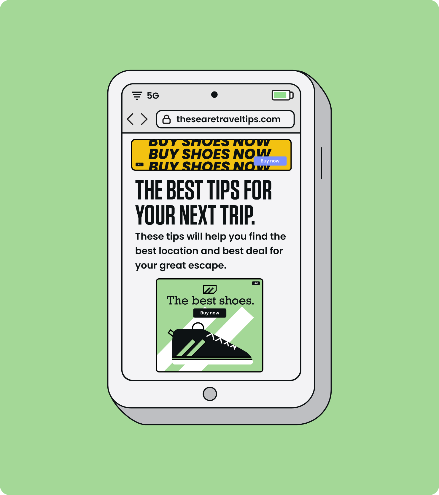 Phone showing a webpage cluttered with ads — the experience Brave blocks